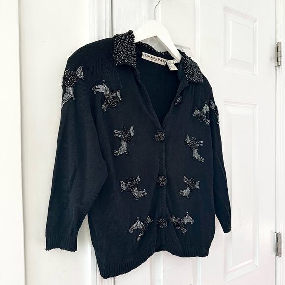 Michael Simon Vintage Black Button Collared Sweater Cardigan Beaded Poodles 2 - Picture 9 of 12